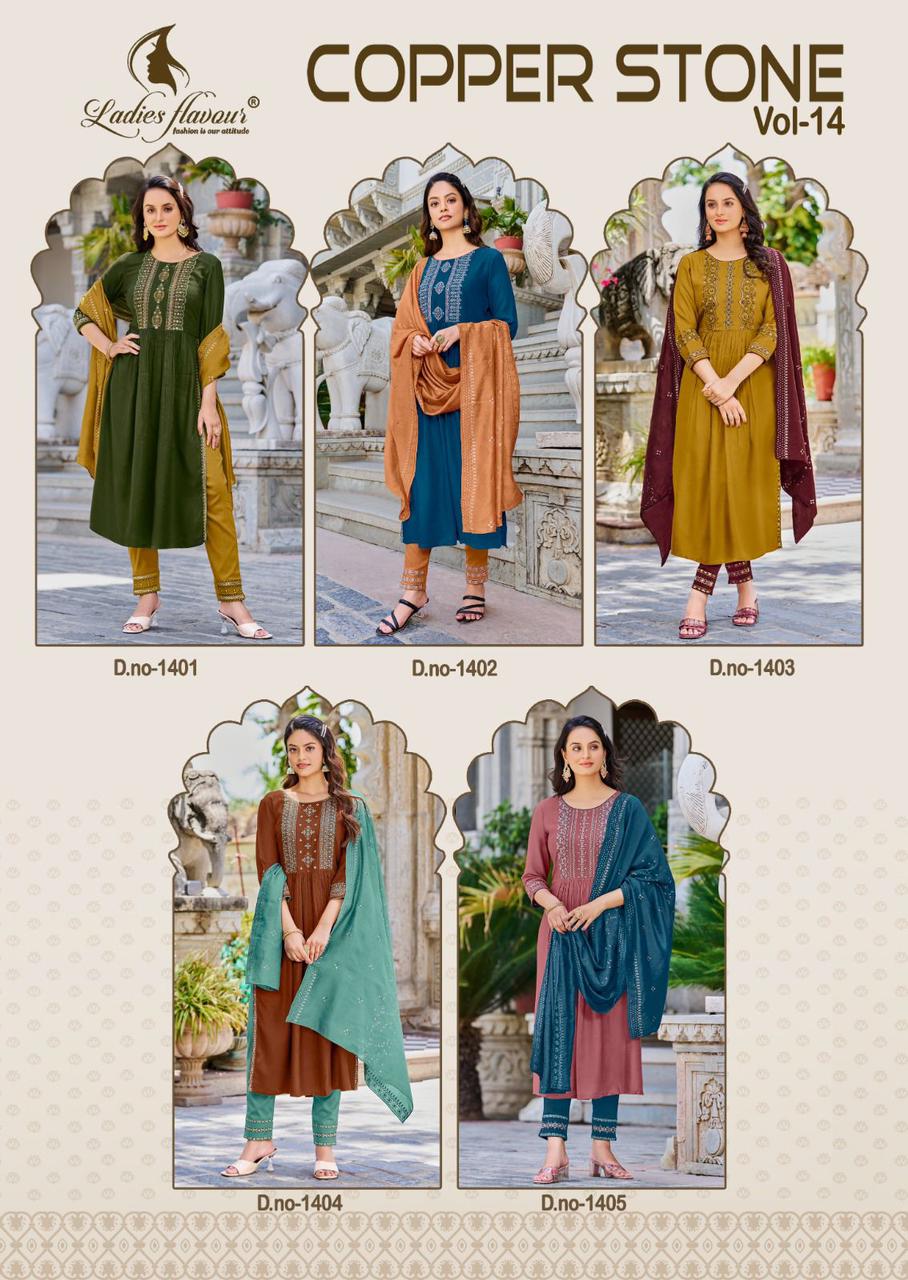 Ladies Flavour Copper Stone 14 Kurti With Bottom Dupatta Catalog
